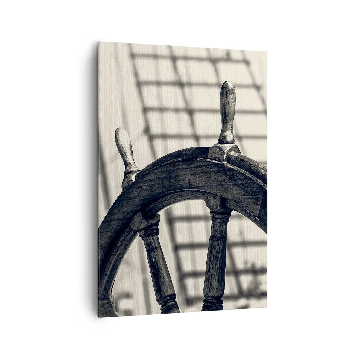 Cuadro sobre lienzo - Impresión de Imagen - Un timón de vela de estilo retro con un barco al fondo. - 70x100cm - Un cuento marino - Decoración de pared moderna para salón y dormitorio ARTTOR