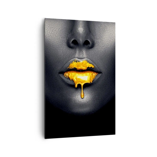 Cuadro sobre lienzo - Impresión de Imagen - Retrato en negro y dorado de una mujer con una gota de oro en los labios. - 80x120cm - Labios de oro - Decoración de pared moderna para salón y dormitorio ARTTOR