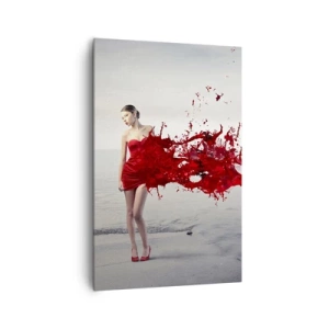 Cuadro sobre lienzo - Impresión de Imagen - Una mujer con un vestido rojo en una composición artística junto al agua. - 80x120cm - Apasionada como la escarlata - Decoración de pared moderna para salón y dormitorio ARTTOR