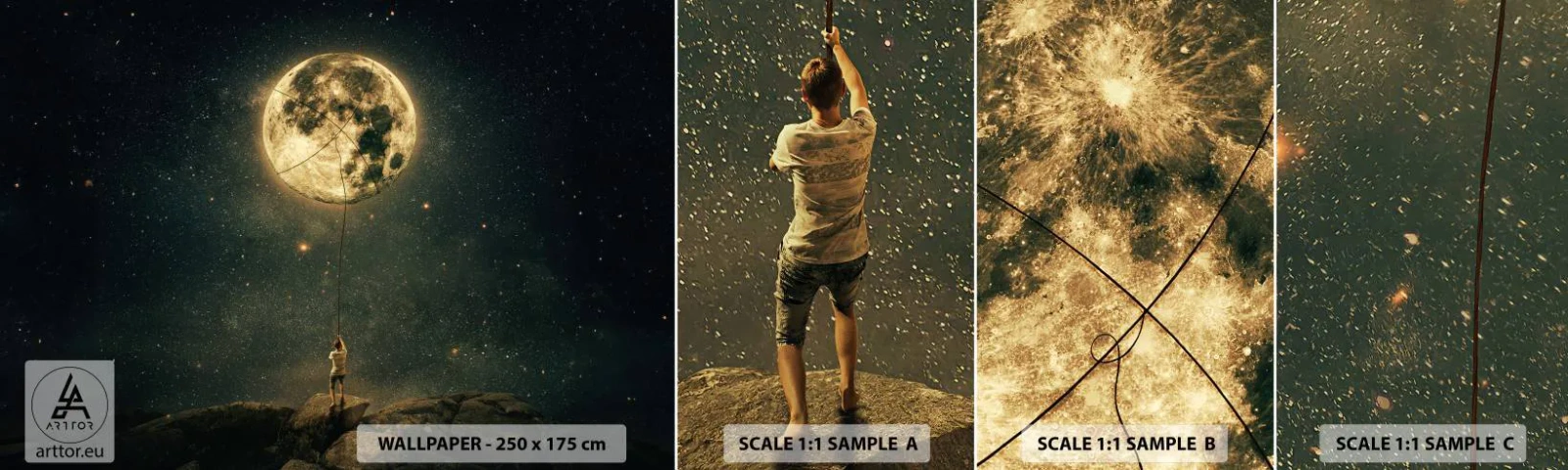 Muestra de fotomural autoadhesivo Deluxe Sticker - El que robó la luna - Luna, Estrellas, Imaginación - 100x30 cm