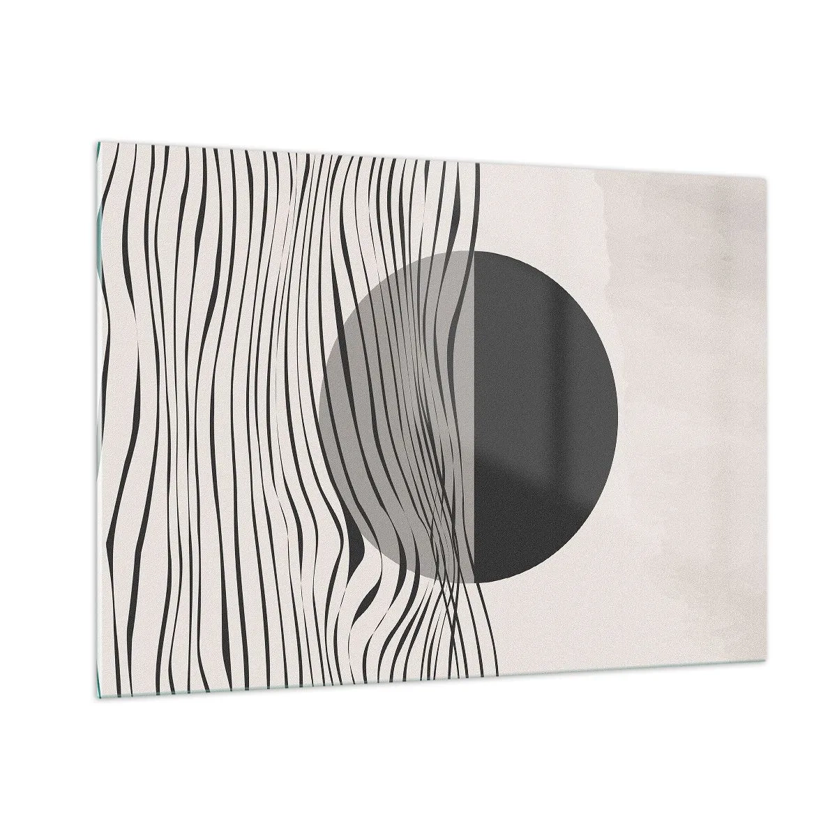 Cuadro sobre vidrio - Impresiones sobre Vidrio - Ondas negras y un círculo sobre un fondo beige - 100x70cm - Media composición - Decoración de pared moderna para salón y dormitorio ARTTOR