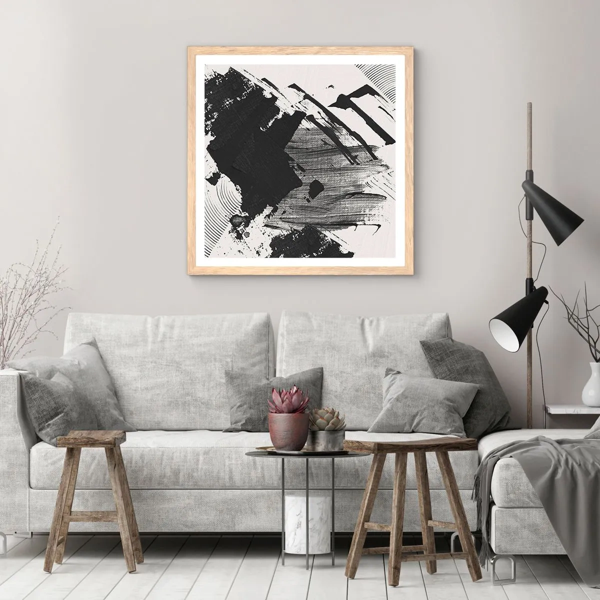 Póster en marco roble claro - Abstracción: la expresión del negro - 60x60 cm