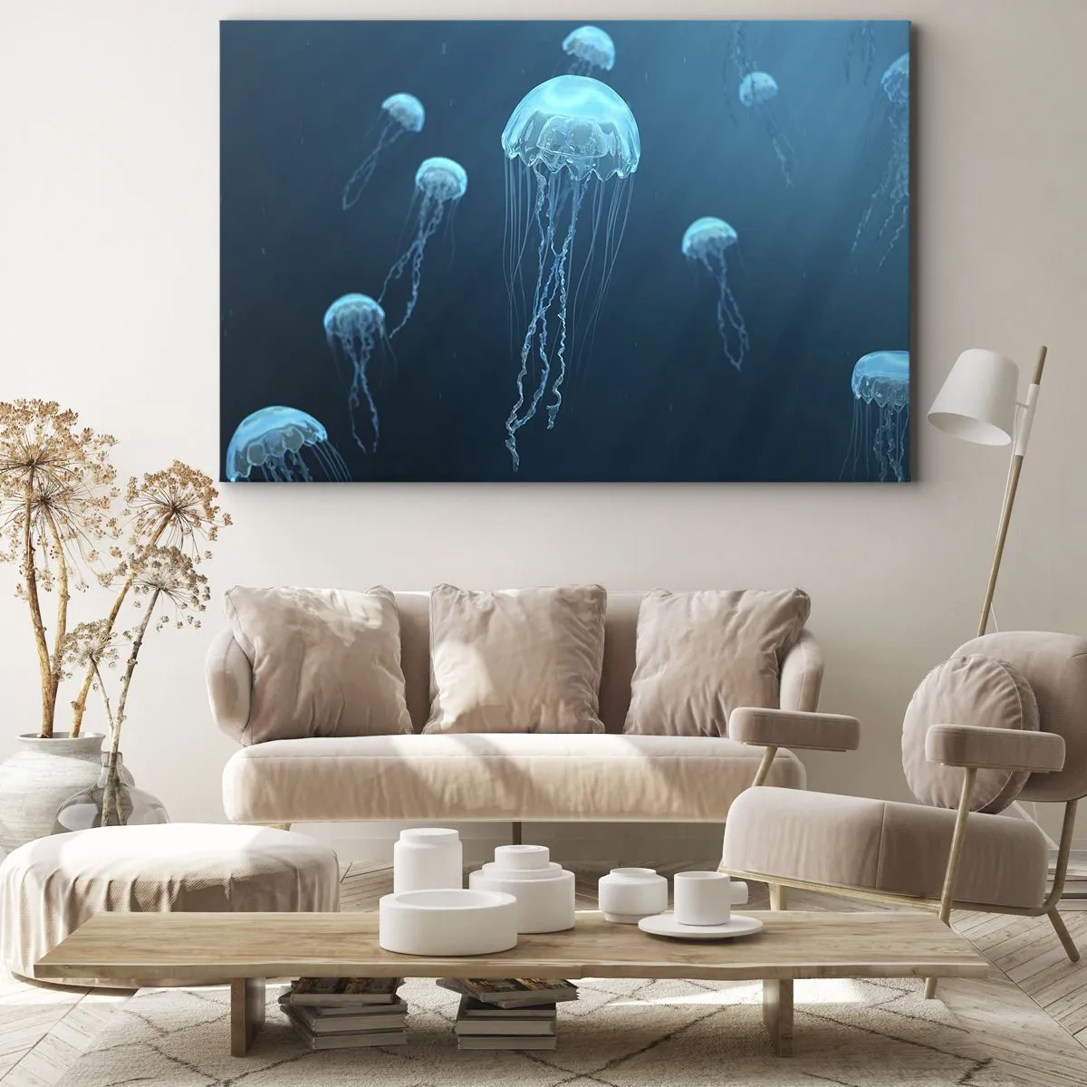 Cuadro sobre lienzo - Impresión de Imagen - Medusas flotando en las profundidades del océano en tonos azules. - 70x50cm - Danza oceánica - Decoración de pared moderna para salón y dormitorio ARTTOR