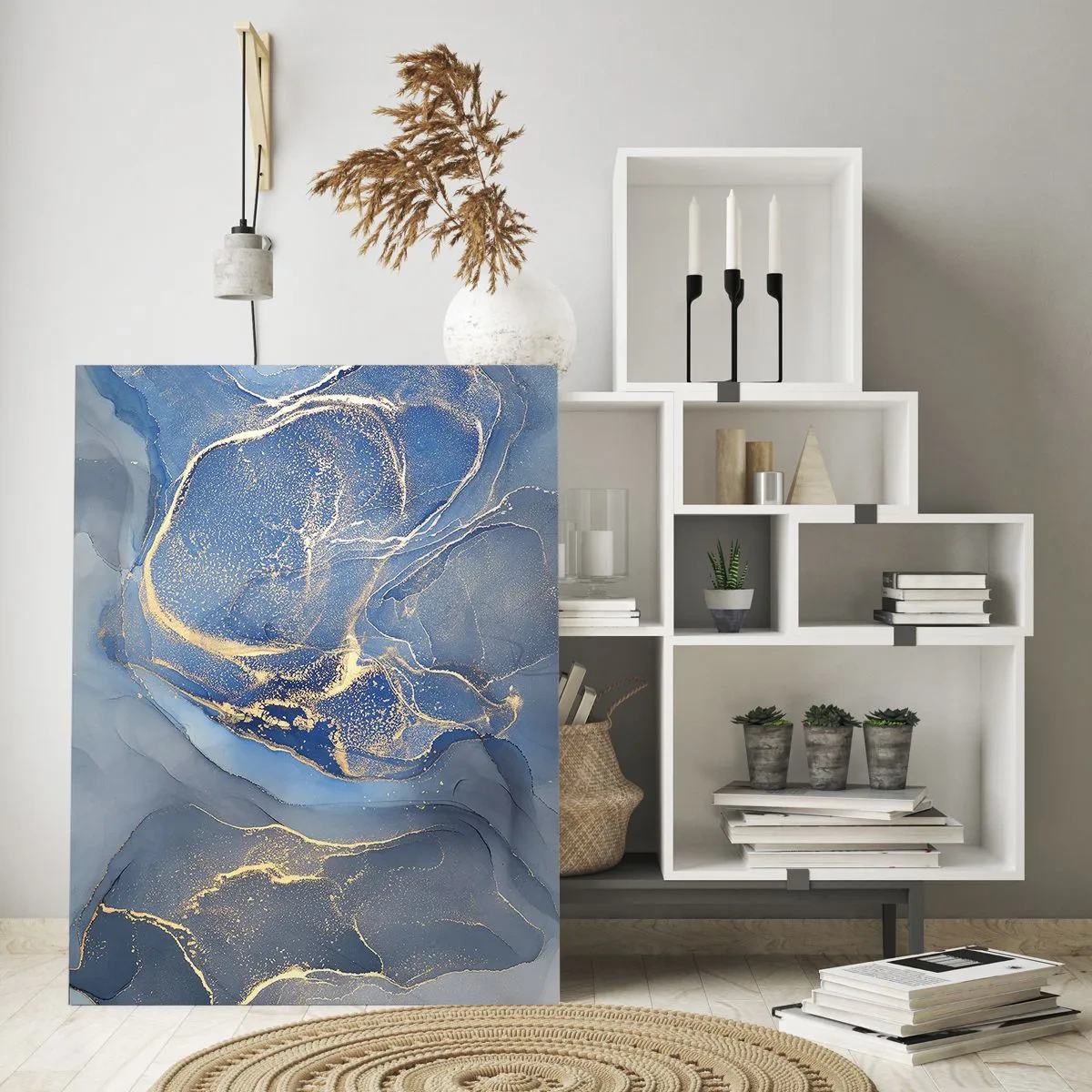 Cuadro sobre vidrio - Impresiones sobre Vidrio - Una composición abstracta en tonos azul marino y dorado. - 50x70cm - Polvo de oro - Decoración de pared moderna para salón y dormitorio ARTTOR