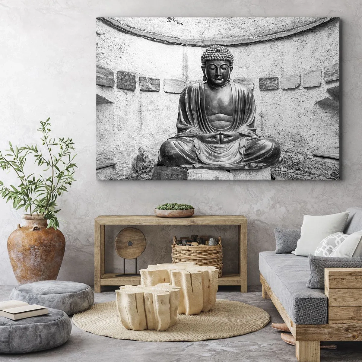 Cuadro sobre lienzo - Impresión de Imagen - Estatua de Buda en blanco y negro en pose meditativa. - 120x80cm - En la fuente de la paz - Decoración de pared moderna para salón y dormitorio ARTTOR