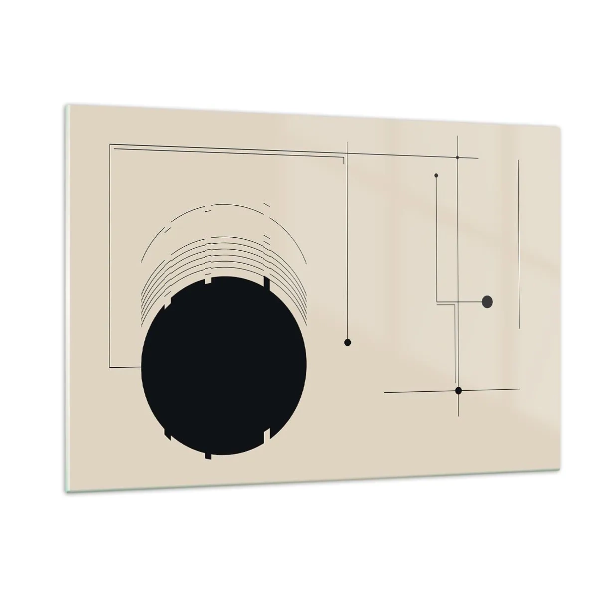 Cuadro sobre vidrio - Impresiones sobre Vidrio - Composición abstracta con un círculo negro y líneas geométricas. - 120x80cm - Composición elástica y dinámica - Decoración de pared moderna para salón y dormitorio ARTTOR