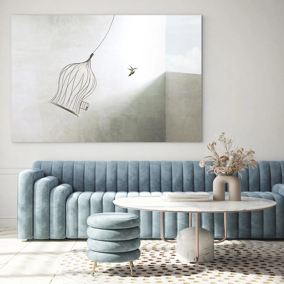 Cuadro sobre vidrio - Impresiones sobre Vidrio - Una jaula abierta y un colibrí volando a la luz del día. - 100x70cm - Aquí debo estar - Decoración de pared moderna para salón y dormitorio ARTTOR