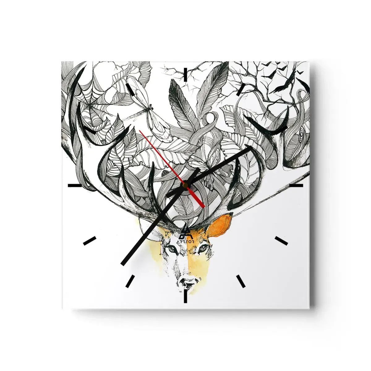 Reloj de pared - Reloj de vidrio - Gráfico sutil de ciervo con astas decorativas. - 30x30cm - Cuernos de la abundancia - Decoración de pared moderna para salón y dormitorio ARTTOR