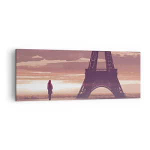 Cuadro sobre lienzo - Impresión de Imagen - Una figura mirando la Torre Eiffel a la luz del sol poniente. - 140x50cm - Sólo ellas dos - Decoración de pared moderna para salón y dormitorio ARTTOR