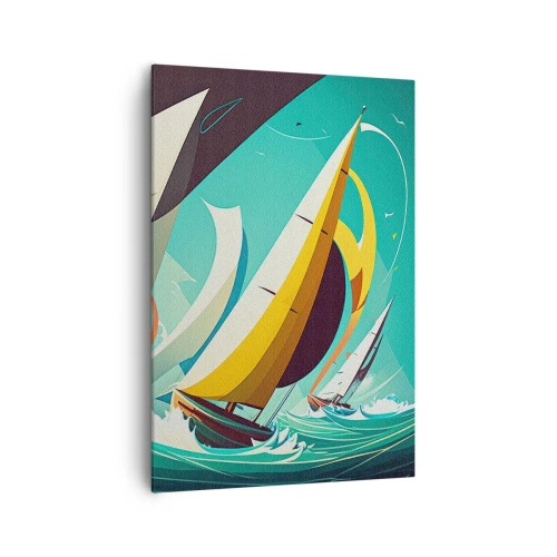 Cuadro sobre lienzo - Impresión de Imagen - Una ilustración dinámica de veleros en un mar tempestuoso. - 70x100cm - Afrontar los elementos - Decoración de pared moderna para salón y dormitorio ARTTOR