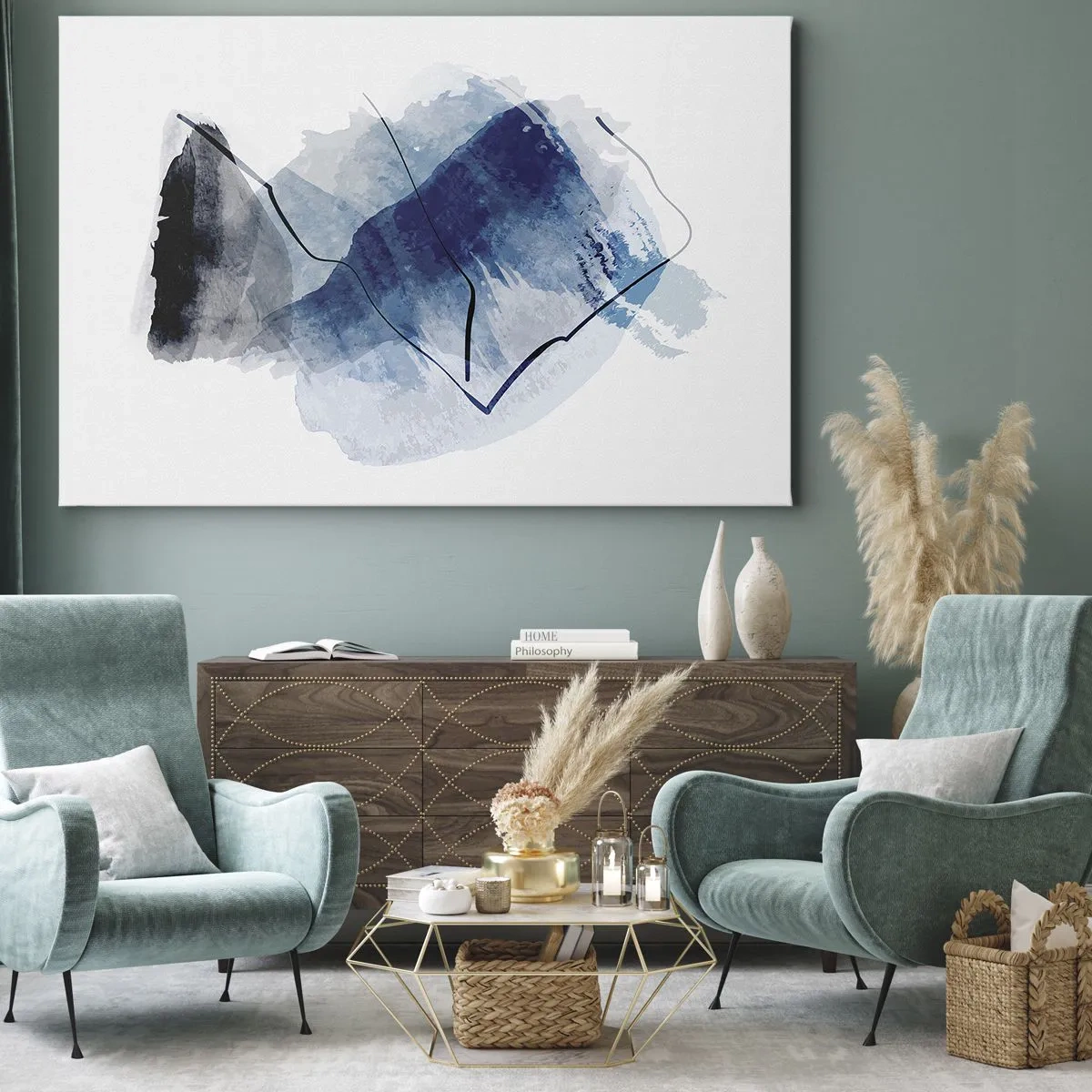 Cuadro sobre lienzo - Impresión de Imagen - Formas abstractas en tonos azules con líneas delicadas. - 70x50cm - Montaña helada - Decoración de pared moderna para salón y dormitorio ARTTOR
