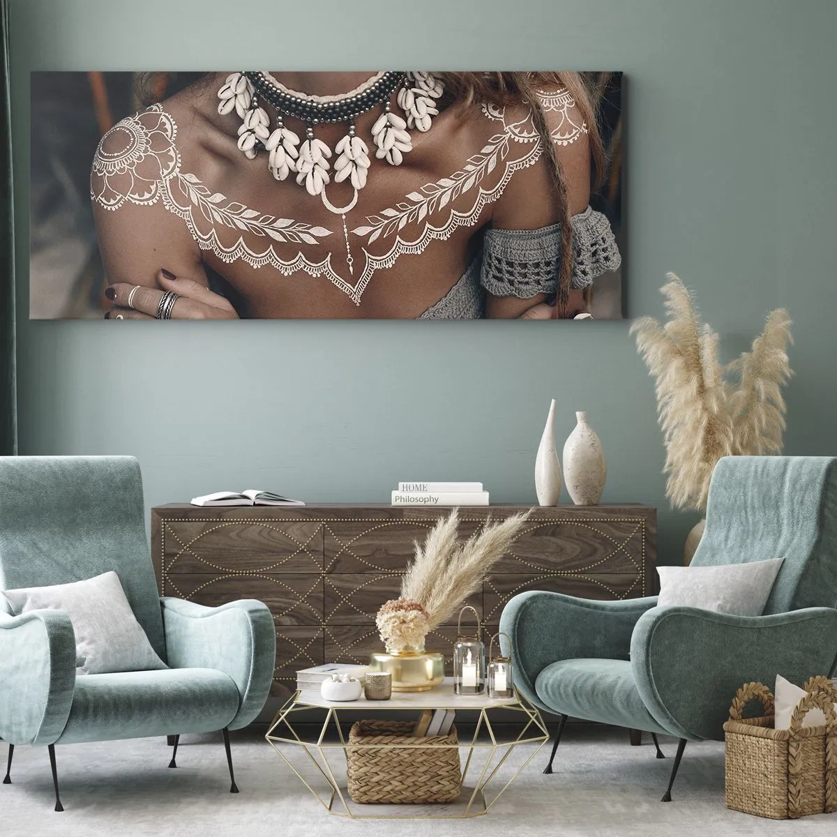 Cuadro sobre lienzo - Impresión de Imagen - Estilo boho con joyas de conchas y patrón de encaje. - 140x50cm - Talismanes, rituales de feminidad - Decoración de pared moderna para salón y dormitorio ARTTOR