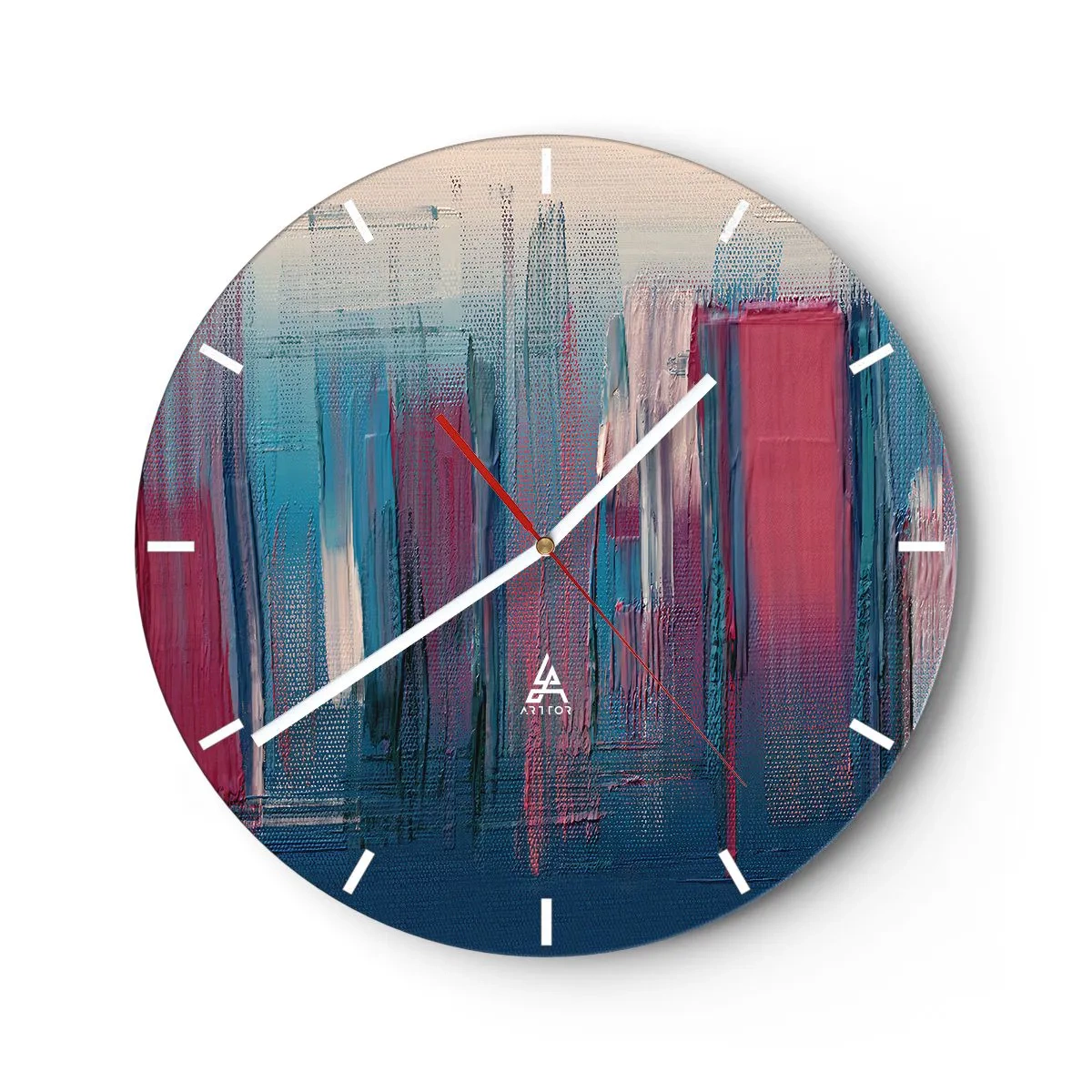 Reloj de pared - Reloj de vidrio - Rayas verticales de color azul y rojo en estilo artístico. - 30x30cm - Composición vertical en azul y rojo - Decoración de pared moderna para salón, cocina y dormitorio ARTTOR