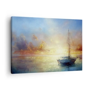 Cuadro sobre lienzo - Impresión de Imagen - Un yate en un mar tranquilo al atardecer. - 70x50cm - En una bahía dorada - Decoración de pared moderna para salón y dormitorio ARTTOR