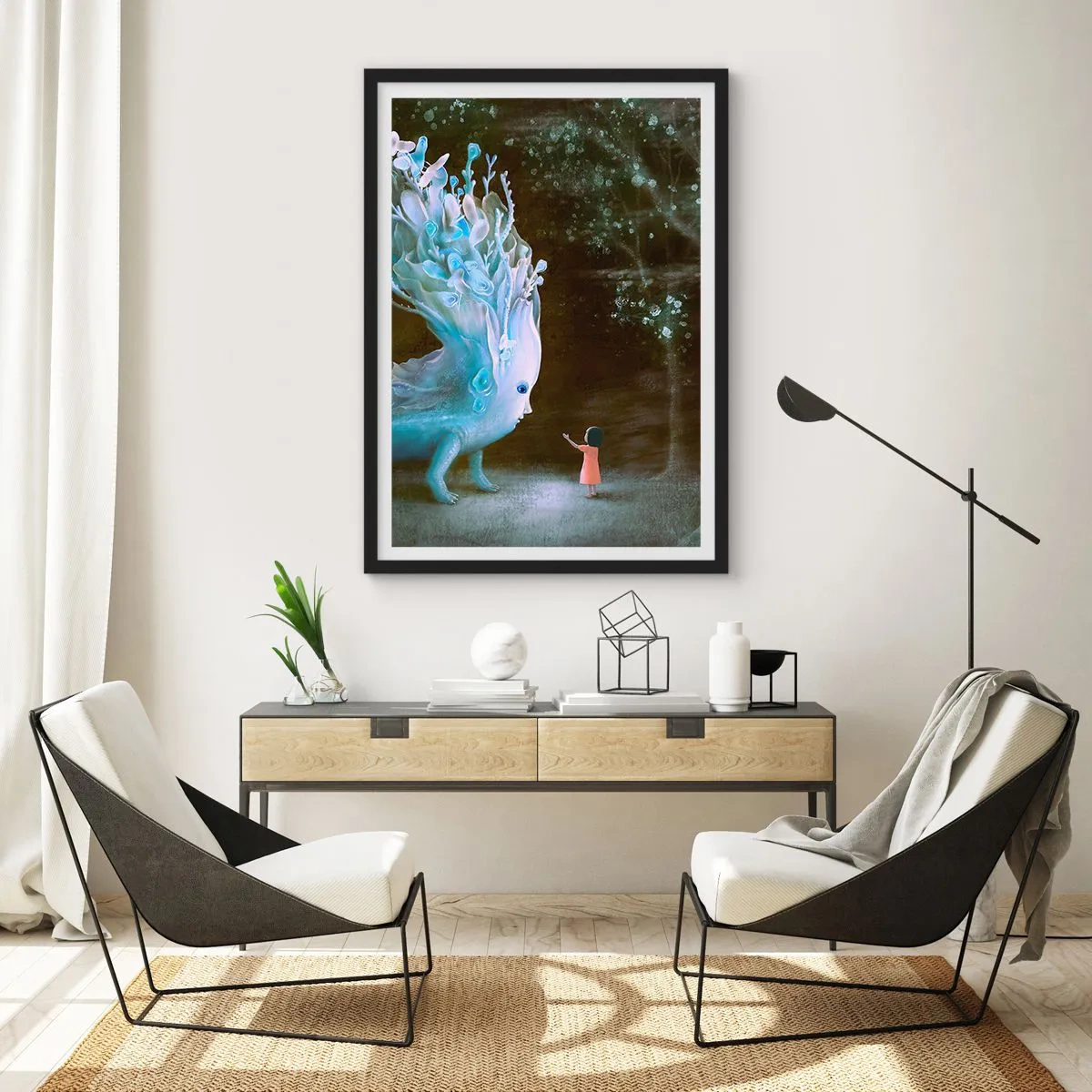 Póster en marco negro - Una niña en el bosque se encuentra con una criatura mágica en un entorno luminoso. - 50x70cm - Una reunión fantástica - Decoración de pared moderna para salón y dormitorio ARTTOR