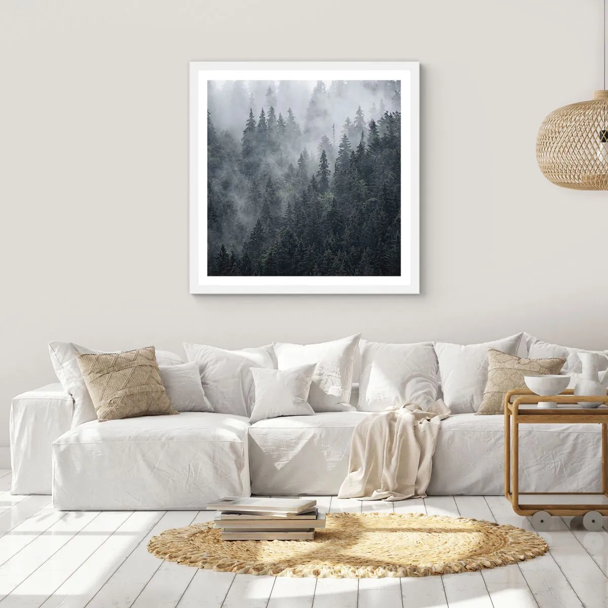 Póster en marco blanco - Amanecer en el bosque - 50x50 cm