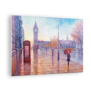 Cuadro sobre vidrio - Impresiones sobre Vidrio - Escena londinense bajo la lluvia con el Big Ben y la caja roja - 70x50cm - Un día de otoño en Londres - Decoración de pared moderna para salón y dormitorio ARTTOR