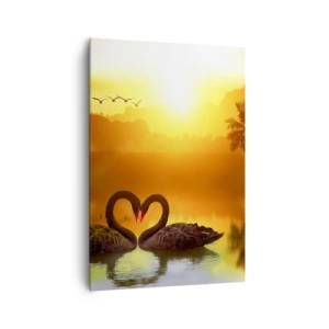 Cuadro sobre lienzo - Impresión de Imagen - Dos cisnes negros formando un corazón con el telón de fondo de un atardecer en el lago. - 70x100cm - Todo a juego - Decoración de pared moderna para salón y dormitorio ARTTOR