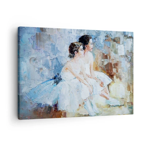 Cuadro sobre lienzo - Impresión de Imagen - Dos bailarinas vestidas de blanco se relajan sobre un fondo pastel. - 70x50cm - Cisnes jóvenes descansando - Decoración de pared moderna para salón y dormitorio ARTTOR