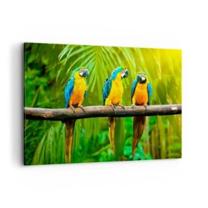 Cuadro sobre lienzo - Impresión de Imagen - Tres loros coloridos sobre un fondo de vegetación tropical. - 100x70cm - ¿Y has oído que ella...? - Decoración de pared moderna para salón y dormitorio ARTTOR