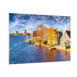 Cuadro sobre vidrio - Impresiones sobre Vidrio - Pintorescas casas holandesas frente al mar con molinos de viento - 100x70cm - Durante siglos, sin cambios - Decoración de pared moderna para salón y dormitorio ARTTOR