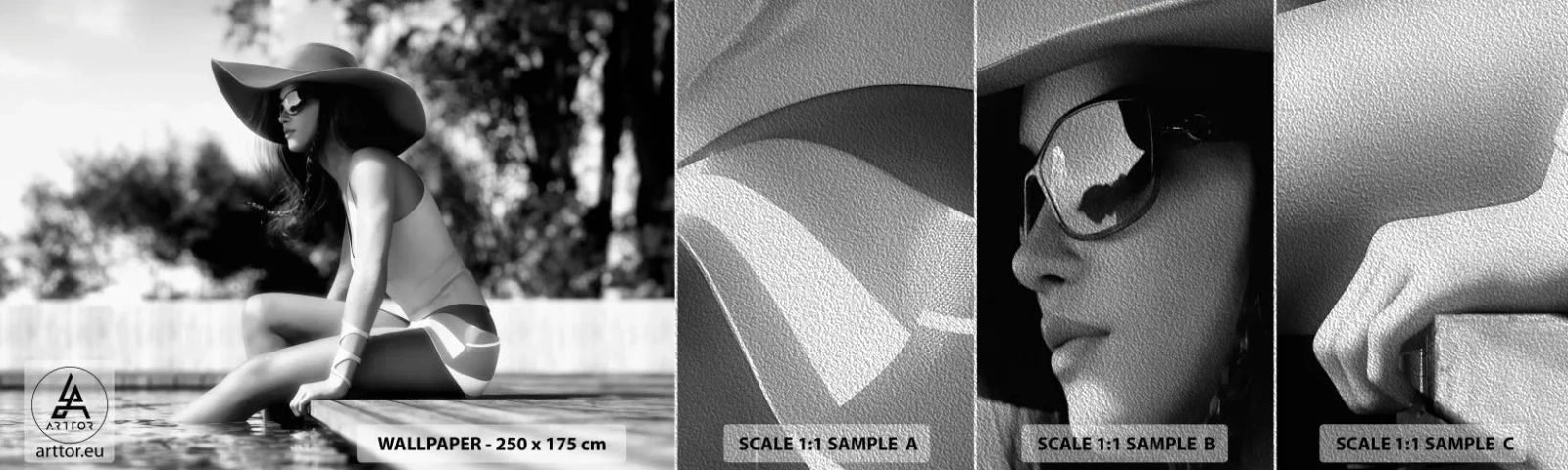 Muestra de fotomural Premium Sand - Un sueño de verano - Mujer, Sombrero, Piscina - 100x30 cm