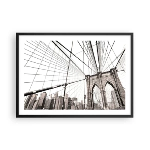 Póster en marco negro - El puente de Brooklyn en monocromo - 70x50cm - Catedral de Nueva York - Decoración de pared moderna para salón y dormitorio ARTTOR