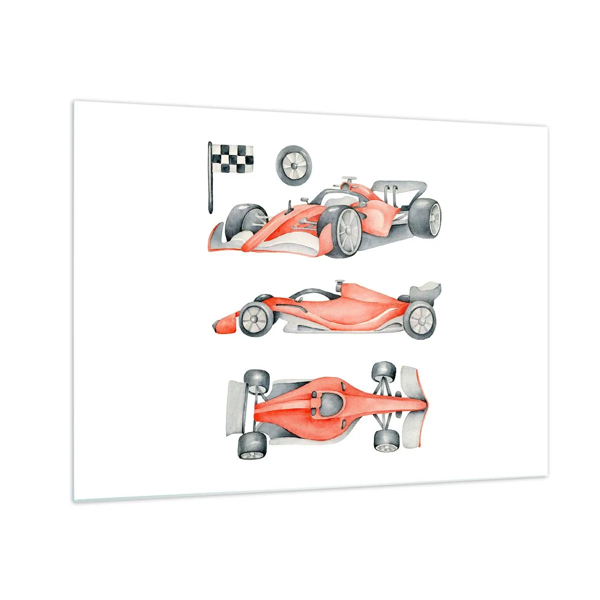Cuadro sobre vidrio - Impresiones sobre Vidrio - Ilustración de tres disparos de un coche de carreras rojo con una bandera de carreras - 70x50cm - Para alcanzar un sueño - Decoración de pared moderna para salón y dormitorio ARTTOR