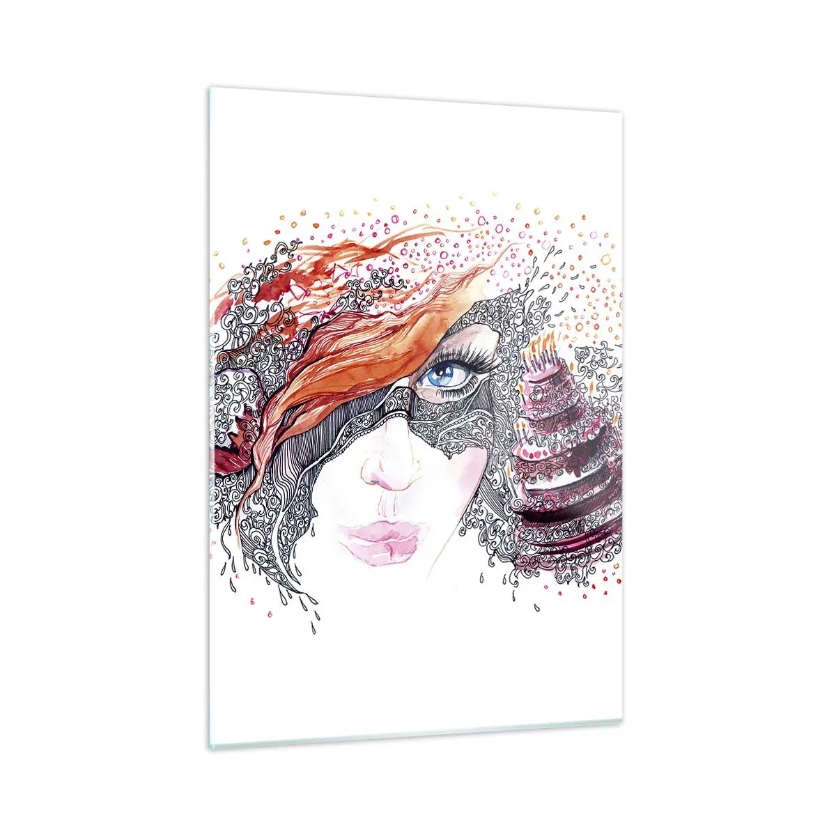 Cuadro sobre vidrio - Impresiones sobre Vidrio - Retrato de una mujer con patrones dinámicos y acentos rojos. - 50x70cm - Con ella cada día es una fiesta - Decoración de pared moderna para salón y dormitorio ARTTOR