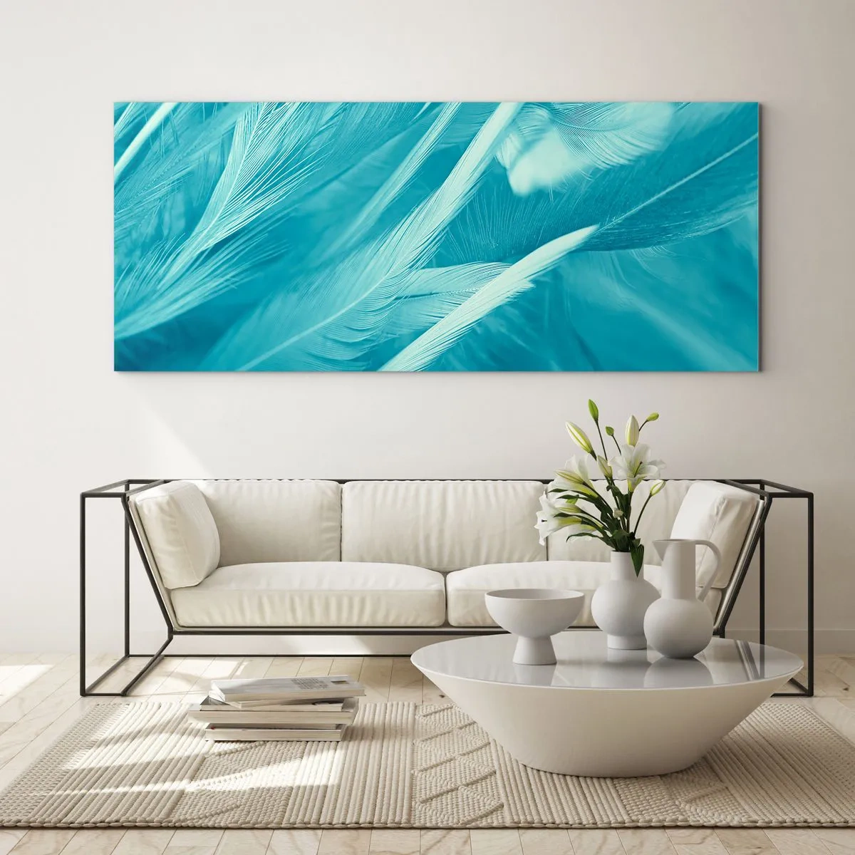 Cuadro sobre vidrio - Impresiones sobre Vidrio - Delicadas plumas turquesas en primer plano - 140x50cm - Un manto real  - Decoración de pared moderna para salón y dormitorio ARTTOR