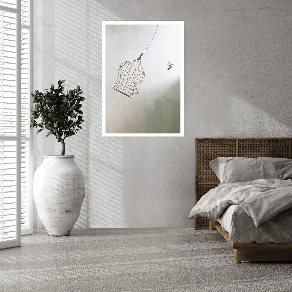 Póster - Un pájaro saliendo de su jaula en estilo minimalista. - 50x70cm - Aquí debo estar - Decoración de pared moderna para salón y dormitorio ARTTOR