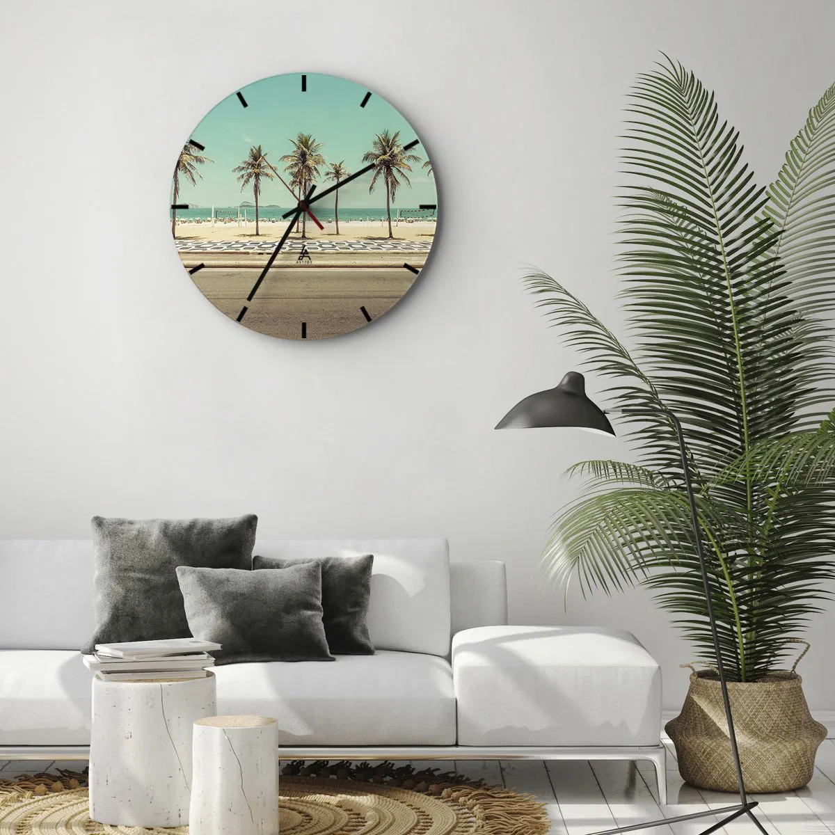 Reloj de pared - Reloj de vidrio - Palmeras y playa con paseo marítimo junto al mar turquesa - 30x30cm - En la playa - Decoración de pared moderna para salón, cocina y dormitorio ARTTOR