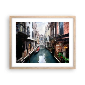 Póster en marco roble claro - Paisaje veneciano con góndola y puente - 50x40 cm