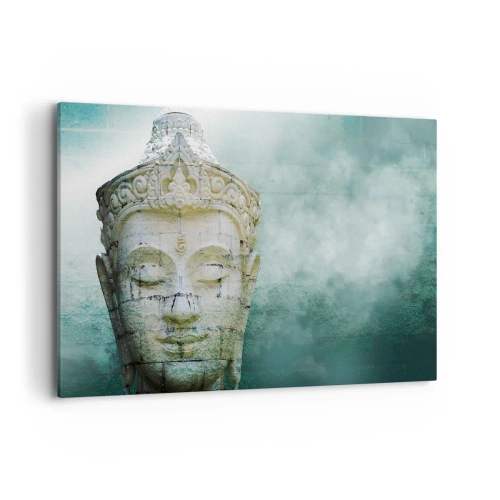 Cuadro sobre lienzo - Impresión de Imagen - Estatua de Buda con una suave niebla sobre un fondo verde. - 120x80cm - Buscando la luz - Decoración de pared moderna para salón y dormitorio ARTTOR