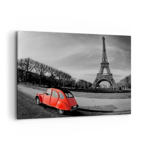 Cuadro sobre lienzo - Impresión de Imagen - Un coche rojo con la Torre Eiffel al fondo en un paisaje en blanco y negro. - 120x80cm - Más parisino que el propio París - Decoración de pared moderna para salón y dormitorio ARTTOR