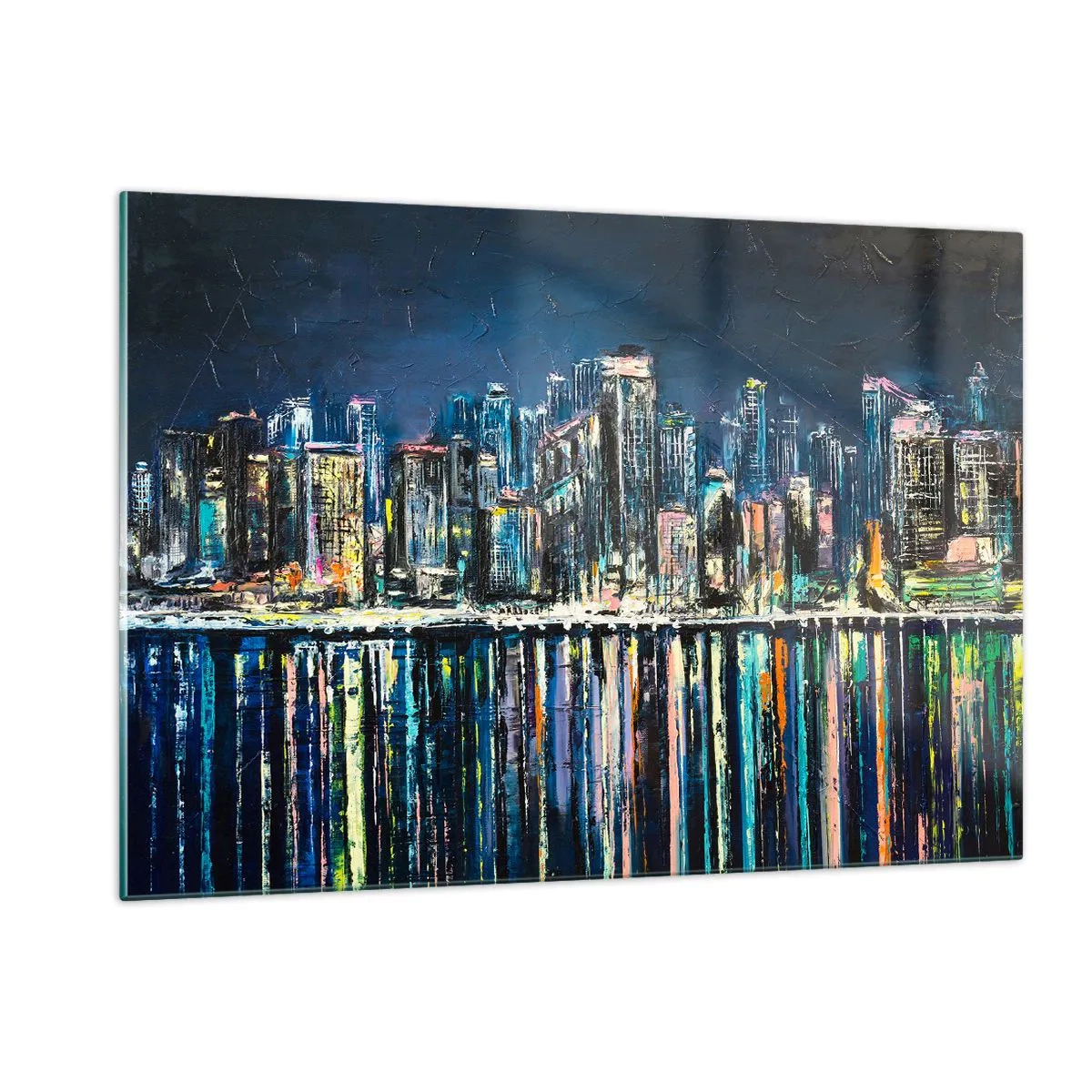 Cuadro sobre vidrio - Impresiones sobre Vidrio - Panorama de la ciudad de noche con las luces reflejadas en el agua. - 120x80cm - Una cascada de luces - Decoración de pared moderna para salón y dormitorio ARTTOR