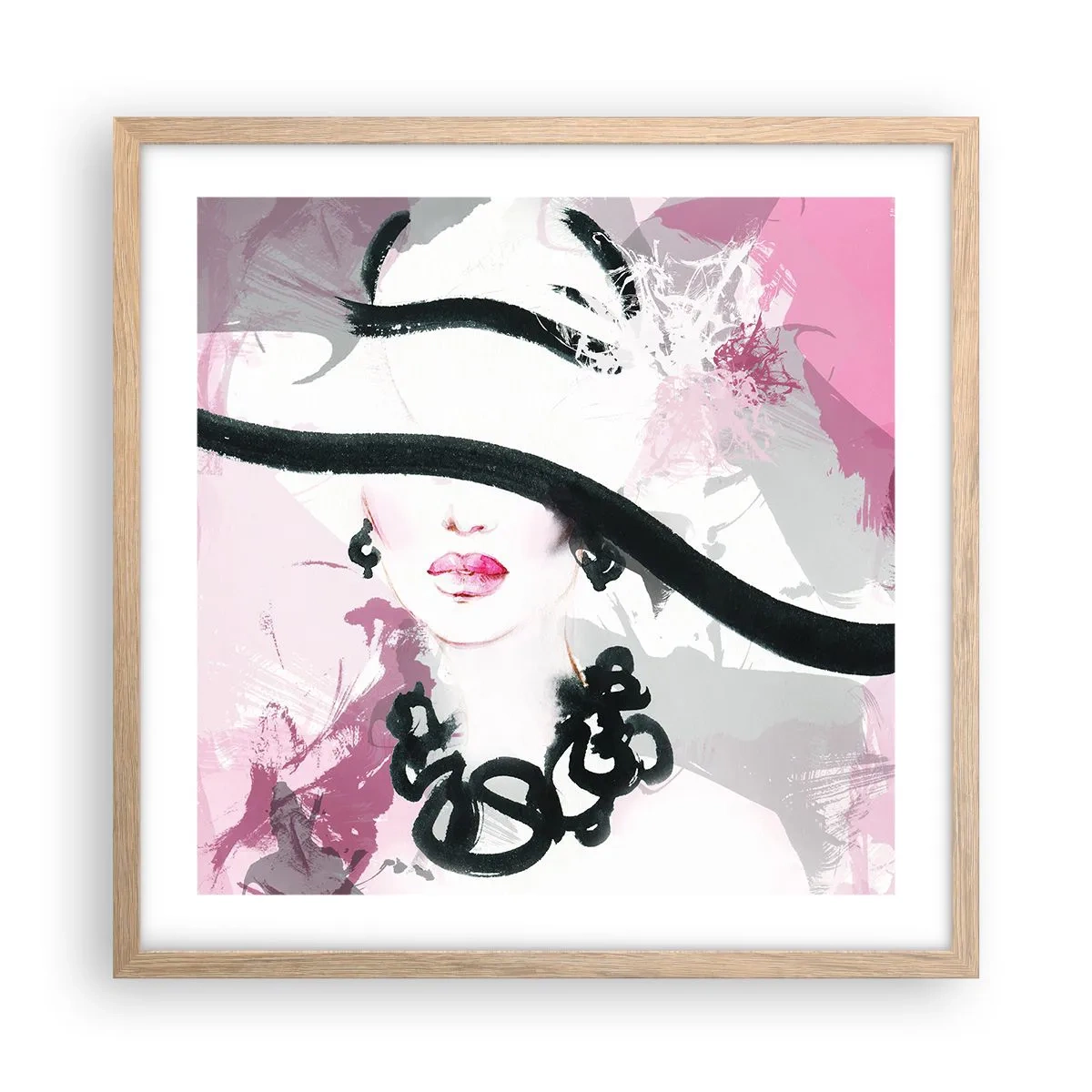 Póster en marco roble claro - Retrato de una dama en negro y rosa - 50x50 cm