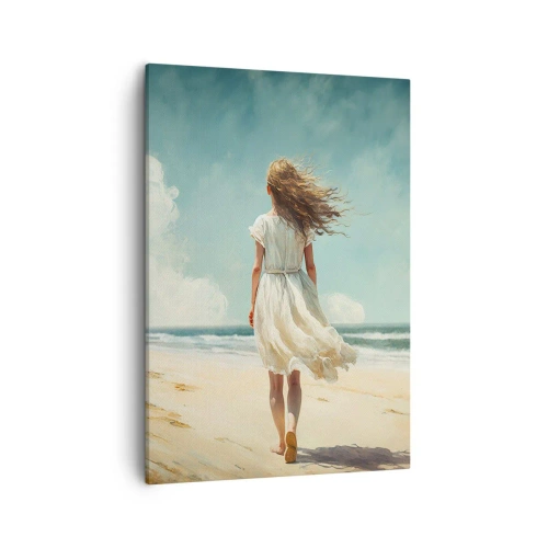 Cuadro sobre lienzo - Impresión de Imagen - Una mujer con un vestido blanco caminando por la playa en un día soleado. - 50x70cm - Al encuentro del sol y del viento - Decoración de pared moderna para salón y dormitorio ARTTOR