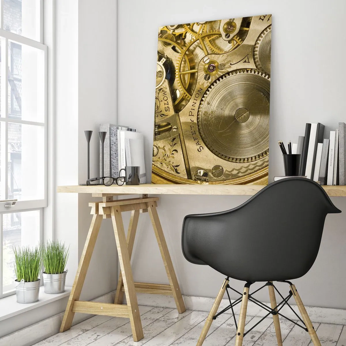 Cuadro sobre vidrio - Impresiones sobre Vidrio - Mecanismo de reloj en acabado dorado. - 50x70cm - Siga el ritmo de los tiempos - Decoración de pared moderna para salón y dormitorio ARTTOR