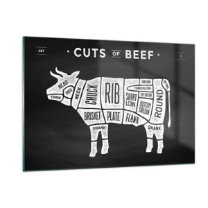 Cuadro sobre vidrio - Impresiones sobre Vidrio - Diagrama de corte de carne de res en una pizarra - 120x80cm - Manual del carnicero - Decoración de pared moderna para salón y dormitorio ARTTOR