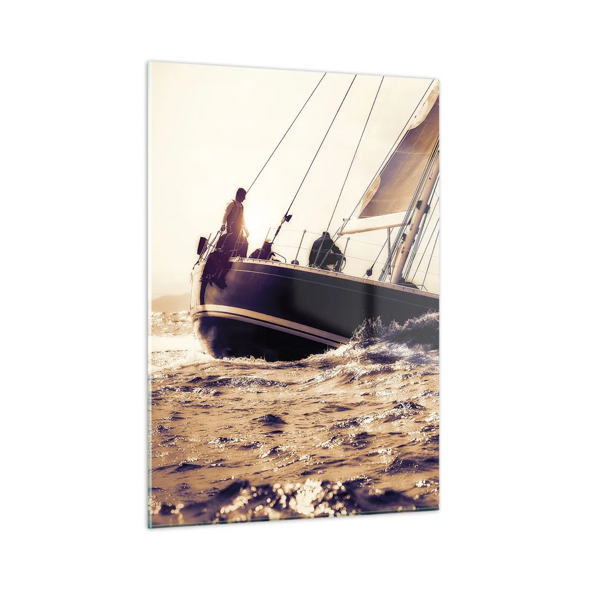 Cuadro sobre vidrio - Impresiones sobre Vidrio - Un velero en un mar tempestuoso en tonos cálidos. - 50x70cm - Navega, marinero - Decoración de pared moderna para salón y dormitorio ARTTOR