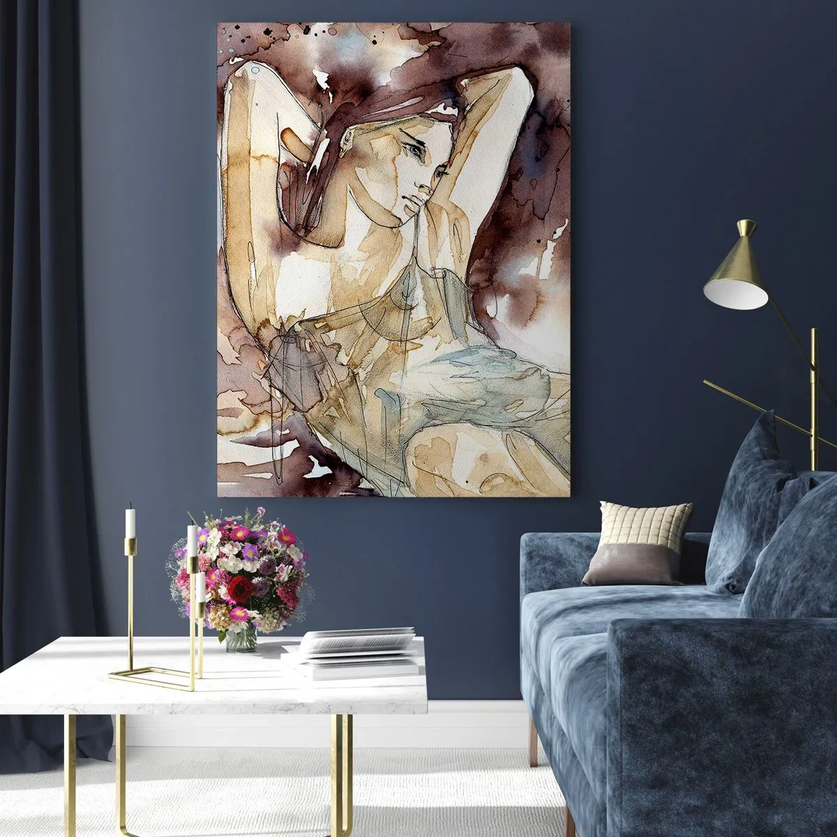 Cuadro sobre vidrio - Impresiones sobre Vidrio - Mujer sensual en una artística acuarela en tonos sepia. - 50x70cm - En un estado de ánimo armónico - Decoración de pared moderna para salón y dormitorio ARTTOR