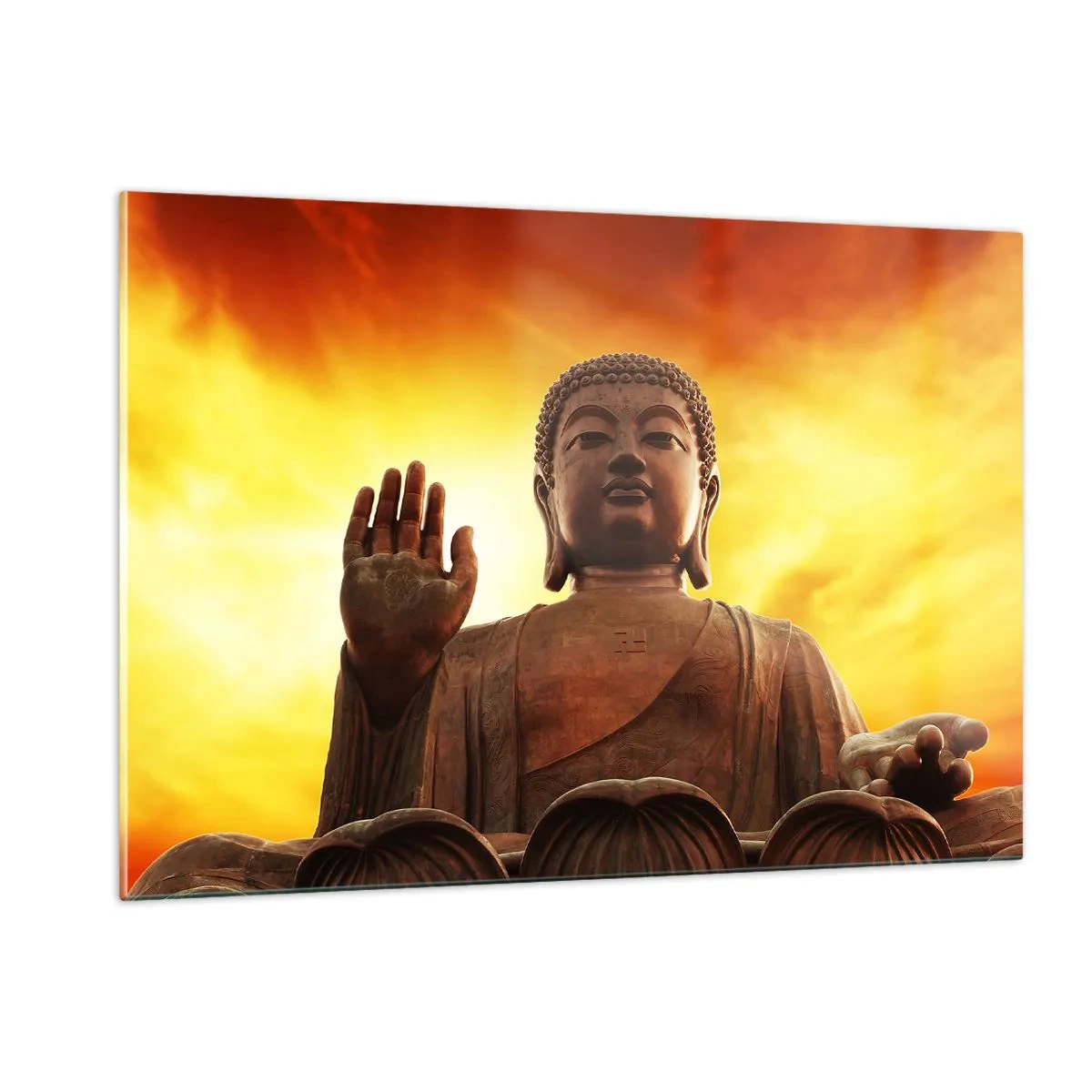 Cuadro sobre vidrio - Impresiones sobre Vidrio - Una estatua de Buda con el telón de fondo de una puesta de sol dorada. - 120x80cm - La calma del mundo - Decoración de pared moderna para salón y dormitorio ARTTOR