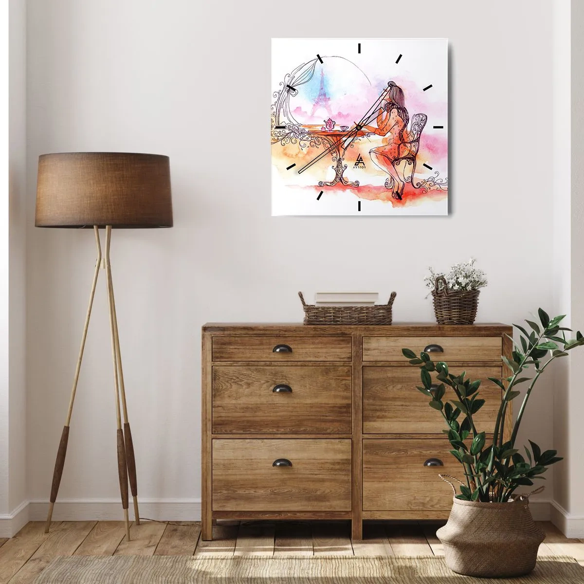 Reloj de pared - Reloj de vidrio - Acuarela romántica de una mujer en un café con vistas a una torre. - 30x30cm - Estilo parisino - Decoración de pared moderna para salón y dormitorio ARTTOR