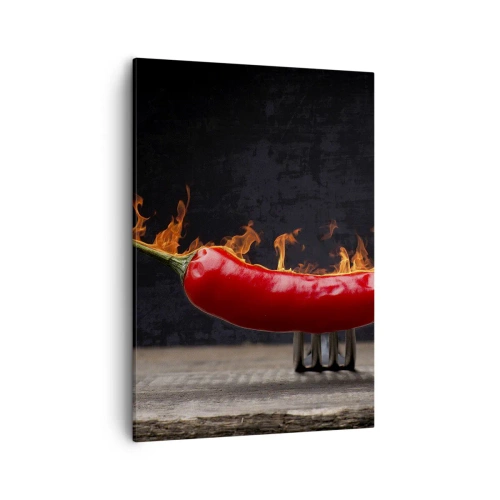 Cuadro sobre lienzo - Impresión de Imagen - Pimiento rojo flameado en un tenedor - 50x70cm - Un aperitivo ardiente - Decoración de pared moderna para salón y dormitorio ARTTOR