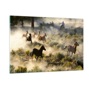 Cuadro sobre vidrio - Impresiones sobre Vidrio - Una manada de caballos galopando a través del polvo y un vaquero con la naturaleza como telón de fondo. - 120x80cm - Rivalidad: ¿libertad o fuerza? - Decoración de pared moderna para salón y dormitorio ARTT