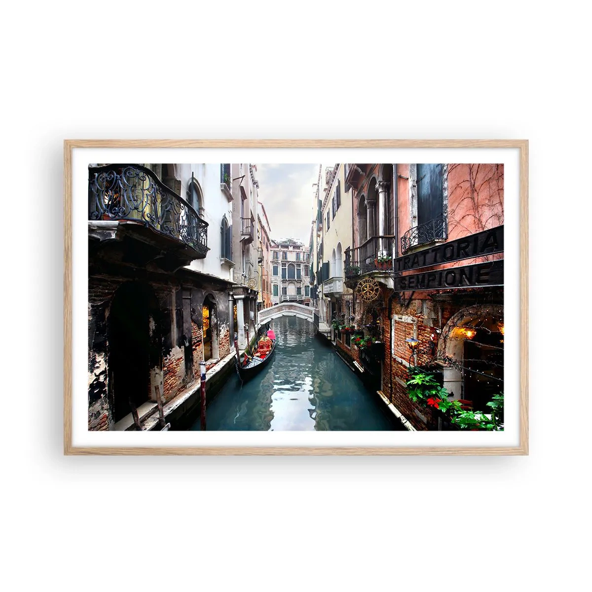 Póster en marco roble claro - Paisaje veneciano con góndola y puente - 91x61 cm