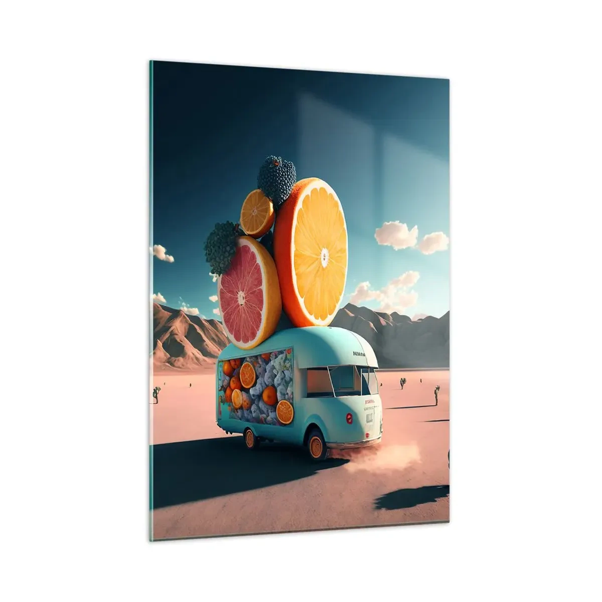 Cuadro sobre vidrio - Impresiones sobre Vidrio - Una caravana turquesa con fruta frente a un paisaje desértico. - 50x70cm - Un sabor a vacaciones - Decoración de pared moderna para salón y dormitorio ARTTOR
