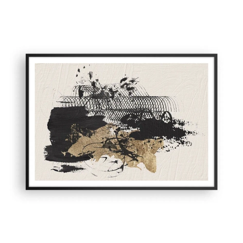 Póster en marco negro - Una pintura abstracta en negro y dorado con líneas y estructuras dinámicas. - 100x70cm - Composición con pasión - Decoración de pared moderna para salón y dormitorio ARTTOR