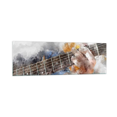 Cuadro sobre vidrio - Impresiones sobre Vidrio - Imagen abstracta de una mano tocando la guitarra. - 160x50cm - Poesía entre las cuerdas - Decoración de pared moderna para salón y dormitorio ARTTOR